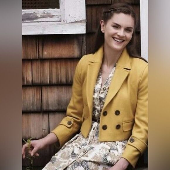 Anthropologie Cartonnier Luisa Yellow Cropped Double Breasted Peacoat Sz Medium - Picture 1 of 10